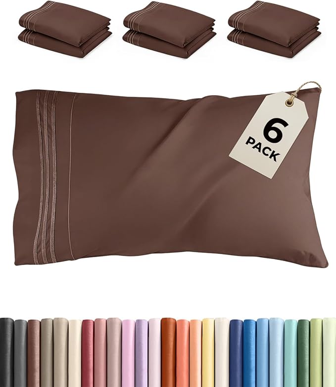 King Pillow Cases Set of 6 - Ultra Soft Hotel Quality Pillowcase Covers - Comfy & Wrinkle Free - Shrink, Stain and Fade Resistant - Easy-Care, Machine Washable Pillow Protectors - 6 Piece Set - Brown