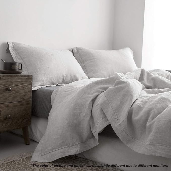 Simple&Opulence 100% Linen Duvet Cover Set with Embroidery Border Washed - 3 Pieces (1 Duvet Cover with 2 Pillow Shams) with Button Closure Soft Breathable Farmhouse - Light Grey, Queen Size