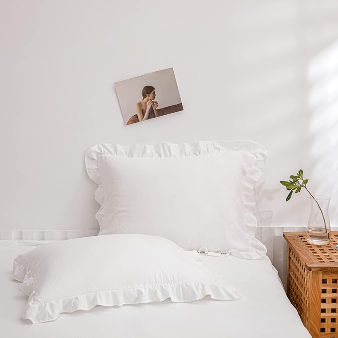 Merryword White Pillowcases, Cute Pillowcases, Offwhite Standard Pillowshams Set of 2, Solid Ruffled Fringe Pillowcases, White Shabby Chic Pillowcases 2 Pack (Queen (20''x30''),White)