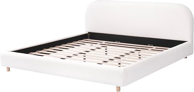 Merax King Size Teddy Fleece Thick Fabric Upholstered Platform Bed with Curved Shaped Headboard, Wood Bed Frame with Solid Round Legs for Kids Teens Adults, White
