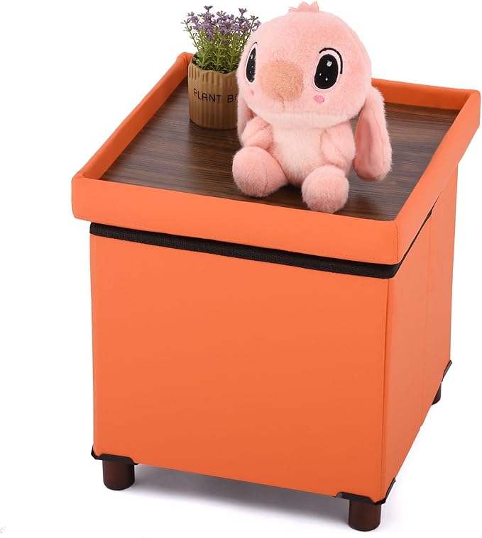 Dorriss Storage Ottoman for Living Room Ottoman Square with Tray Bedroom Cube Foot Rest Stool with Legs Small Ottomans Coffee Table Lid Foldable Footstool Faxu Leather 15" in (Orange)