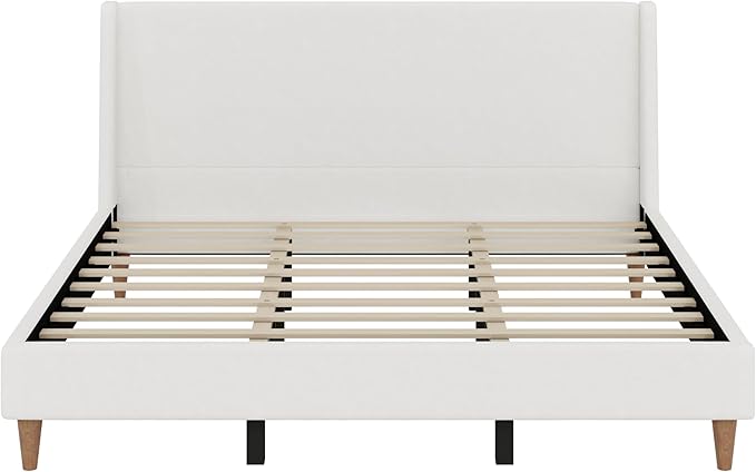 Merax Solid Wood King Size Boucle Bed Frame with Wingback Headboard, Modern Upholstered Platform with Walnut Wooden Legs, Strong Wooden Slats, No Box Spring Needed, Easy Assembly, Noise-Free, Ivory