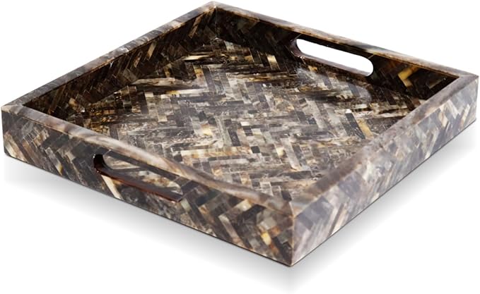 Handicrafts Home 12"x12" Decorative Tray, Resin Inlay Ottoman Coffee Table Tray with Handles, Square Serving Tray for Breakfast, Vanity, Centerpiece Decor for Living Room Dining