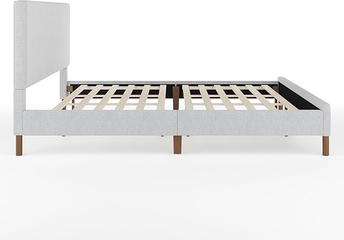 Martha Stewart Britta Platform Bed with Headboard & Footboard, Faux Linen Upholstery with Piping Detail, Rounded Headboard, No Box Spring Needed, King, Gray