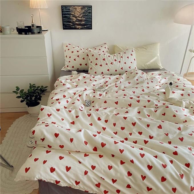 Nayoroom Heart Duvet Cover Twin Size Cute Red Love Heart Printed on White Bedding Set 2Pcs Kids Girls Kawaii Heart-Shaped Pattern Comforter Cover with Zipper Closure Soft Breathable Microfiber