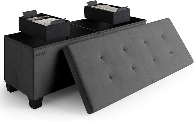 Storage Ottoman Bench with Bins, 43-in Storage Bench for Bedroom End of Bed, Folding Foot Rest Ottoman for Living Room Max 660lbs, Velvet Ottomans, Grey