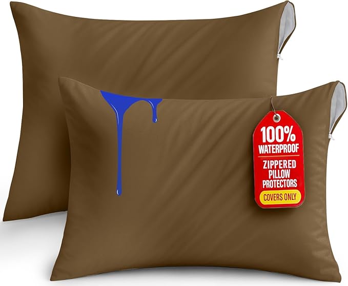 Utopia Bedding Premium 100% Waterproof Pillow Protectors with Zipper Standard Size (Set of 2), Bed Bug and Dust Mite Proof Zippered Pillow Covers, Pillow Encasement Cases, Mocha