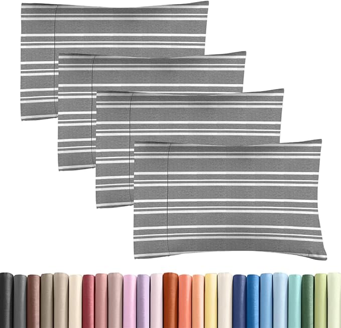 Standard Pillow Cases Set of 4 - Soft Hotel Quality Pillowcase Covers - Comfy, Cozy Bedding for Women, Men, Kids & Teens - Machine Washable Pillow Protectors - 4 Piece - Standard Size Grey Stripes