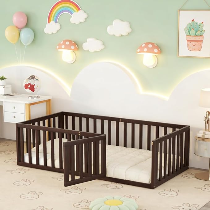 Bellemave Twin Size Montessori Floor Bed with 21.7" High Rails, Pine,Plywood Floor Bed with Small Door, Walnut