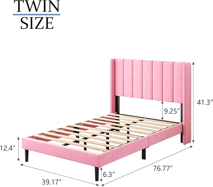 Gruwans Twin Size Bed Frames with Wingback Headboard Easy Assemnly Platform Bedframe, Sturdy Wooden Slat Support No Box Spring Needed, Pink Velvet