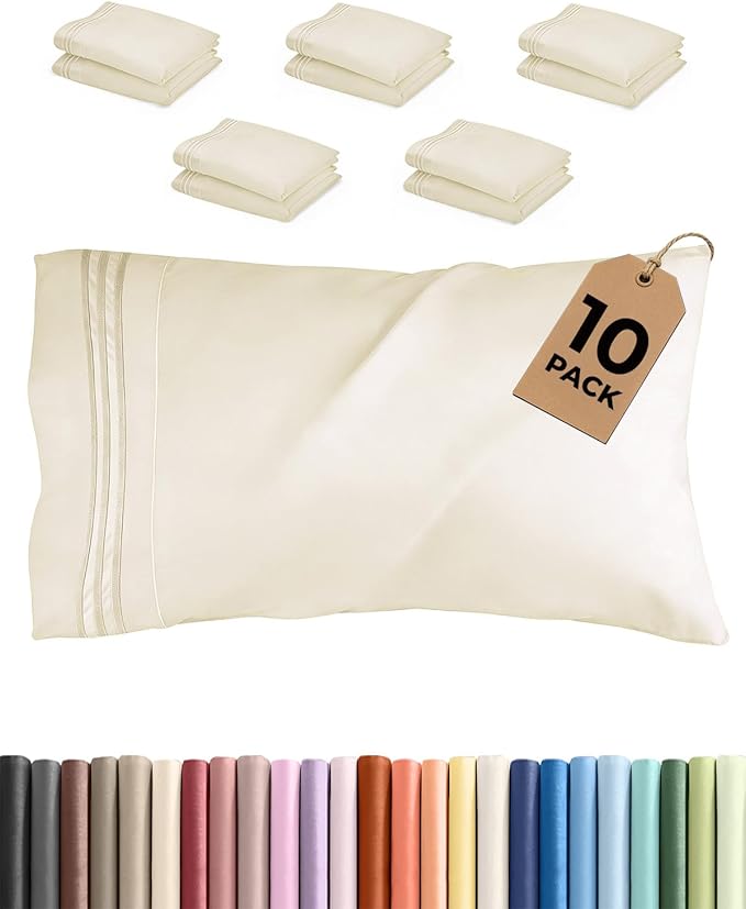 Queen Pillow Cases Set of 10 - Ultra Soft Hotel Quality Pillowcase Covers - Comfy, Cozy & Wrinkle Free - Shrink, Stain and Fade Resistant - Machine Washable Pillow Protectors - 10 Pcs Set - Off White