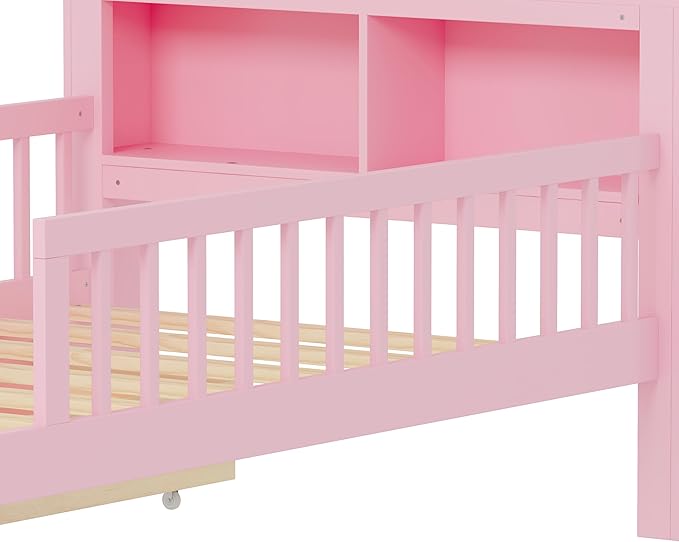 Bellemave Twin Bed Frames with Rails for Kids, Twin Bed Frame with Storage Drawers and Headboard Storage Rack for Kids，Pink
