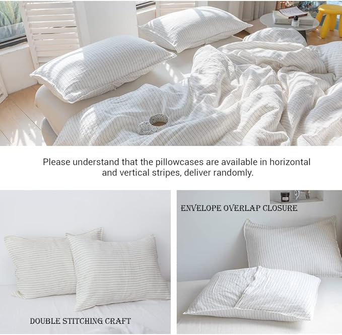 Simple&Opulence 100% Linen Striped Duvet Cover Queen 3pcs, Yarn Dyed Vertical Pinstripe Ticking Pattern Natural French Washed Flax Breathable Farmhouse Bedding - Grey Stripe