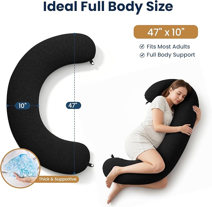TranquilRelax C Shaped Body Pillow for Side Sleepers, Memory Foam Long Pillow for Leg, Hip & Back Support, Soft Washable Cover,Black-47 * 10"