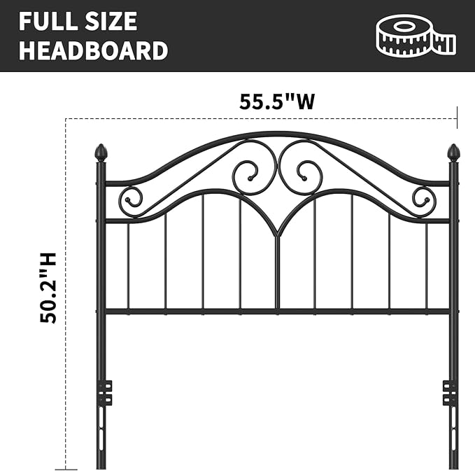 Elephance Headboard for Full Size Bed Frame, Vintage Platform Bed Metal Headboard Only, Height Adjustable, Sturdy and Stable, Full Size, Easy Assembly, Black