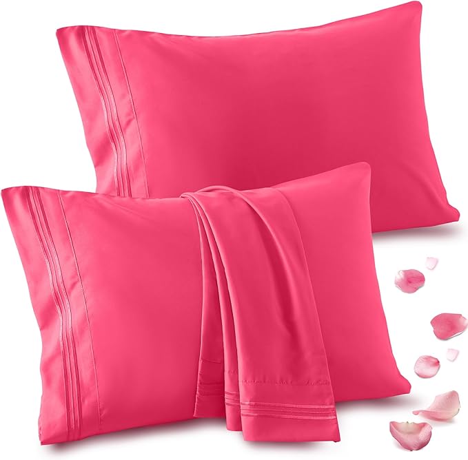 Vonty 2 Pack King Pillow Cases - 20x40 Inch, 1800 Thread Count Microfiber Pillowcases King Size Hot Pink Pillow Cases Luxury & Soft Embroidered Bed Pillow Covers with Envelope Closure