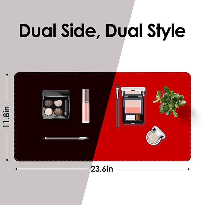 Makeup Mat for Vanity to Protect Desk Top 23.6 x 11.8 in, Dual-Sided Makeup Mat, Easy to Clean Desk Pad - Waterproof and Oilproof Vanity Accessories (Black and Red)