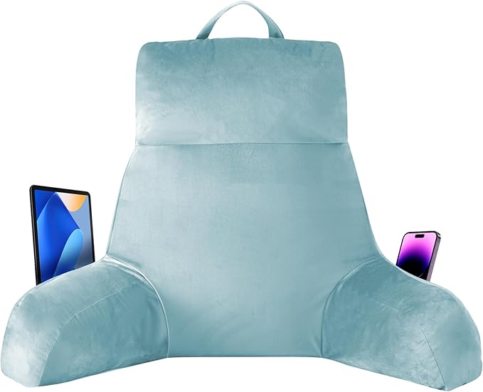 IPYNBAP Back Pillow for Bed Sitting up, Reading Pillow for Sitting in Bed Adult, Back Support Pillow, Memory Foam Sit up Lounge Backrest Pillow with Arms for TV, Couch, Chair, Dorm, 24 Inch, Lake Blue