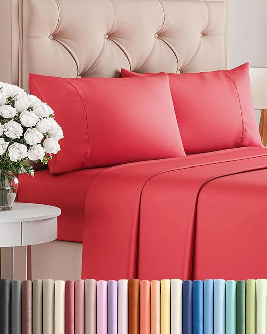 Twin 4 Piece Sheet Set - Comfy, Breathable & Cooling - Soft Hotel Luxury Bedding for Women, Men, Kids, Teens & Children - 1 Flat & 1 Fitted Sheet & 2 Pillowcases w/ Deep Pockets - Wrinkle Free - Red