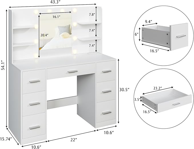 YESHOMY Vanity Desk with Mirror, Power Outlet and 10 Lights, Makeup Table with 7 Drawers, 3 Color Modes Available for Bedroom, White