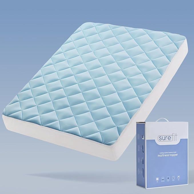 SureFit Queen Size Memory Foam Mattress Topper, Cooling Gel-Infused Mattress Pad, Breathable Ventilated Design, Fits Mattresses 8-20” Deep, Medium Plush Comfort,Cooling for Hot Sleepers