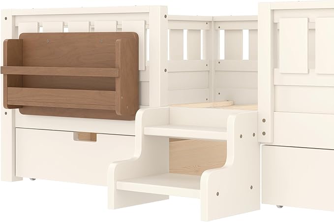Bellemave Full Size Bed Frame with Storage Drawers & Bookshelf, Low Profile Kids Bed with Staircase & Full Length Guardrails, Solid Wood Full Size Bed Frame Kids with Slats Load 450 LBS, Beige