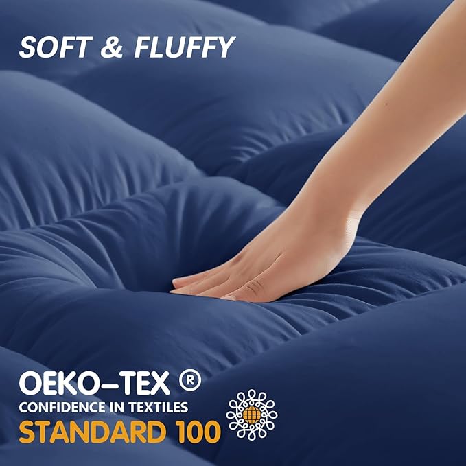 CYMULA Full XL Mattress Topper, Navy Blue Cooling Mattress Pad Cover, Extra Thick Pillow Top Mattress Topper with 8-21 Inch Elasticated Deep Pockets, Plush Down Alternative Fill Mattress Protector