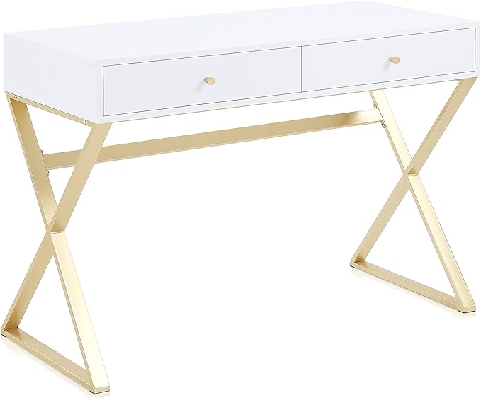 BELLEZE Modern 42 Inch Makeup Vanity Dressing Table or Home Office Computer Laptop Writing Desk with Two Storage Drawers, Wood Top, and Gold Metal Frame - Ellena (White)