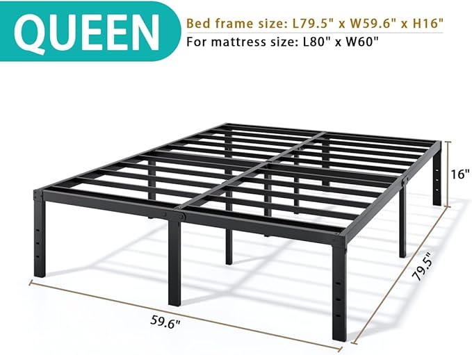 LUMUNANCE Metal Bed Frame Queen Size - 16 Inch Heavy-Duty Queen Platform Bed Frame No Box Spring Needed, Easy Assembly, Noise-Free, Sturdy Mattress Foundation, Underbed Storage Space