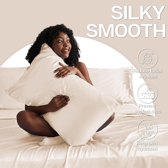 MR&HM Satin Pillowcase for Hair and Skin, Silk Satin Pillowcase 2 Pack, Standard Size Pillow Cases Set of 2, Silky Pillow Cover with Envelope Closure (20x26, Beige)