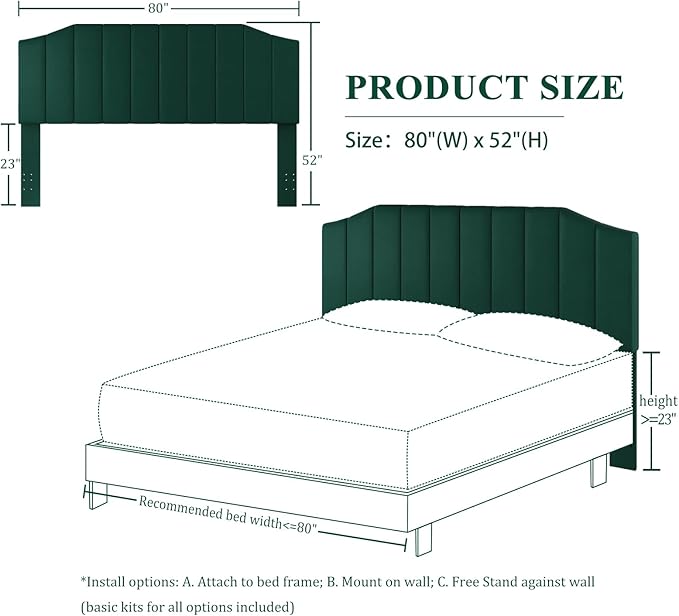 Furpopup King Size Headboard Only, Velvet Upholstered Headboard King/California King Size Wall Mount and Bed Frame Mount, Featuring High-Density Sponge Padding Easy Assembly Comfort Style-Jade Green