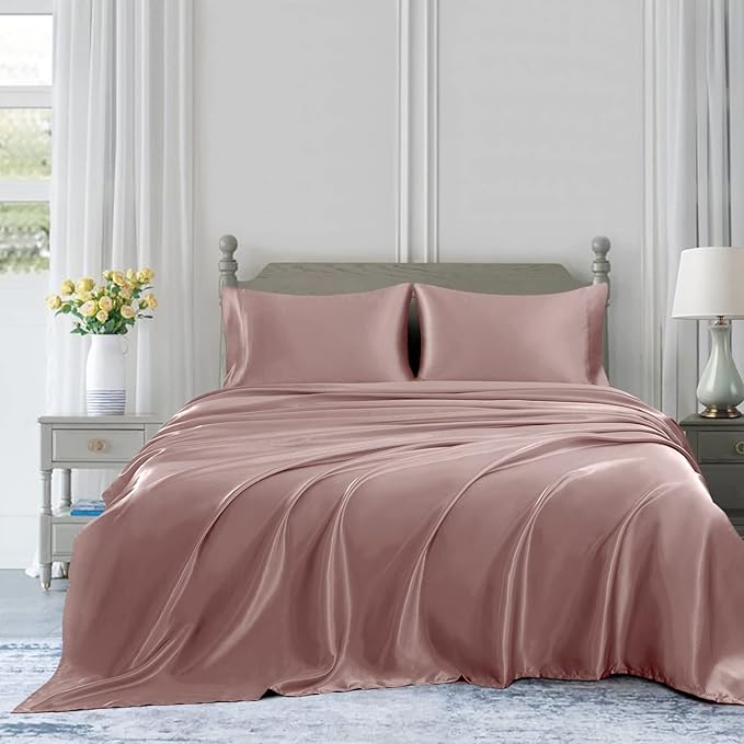 Homiest 4pcs Satin Sheets Set Luxury Silky Satin Bedding Set with Deep Pocket, 1 Fitted Sheet + 1 Flat Sheet + 2 Pillowcases (King Size, Rose Gold)