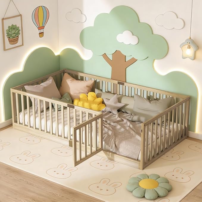 Bellemave Twin Size Montessori Floor Bed with 21.5" High Rails, Rubber Wood Twin Floor Bed with Slats and Door, Natural