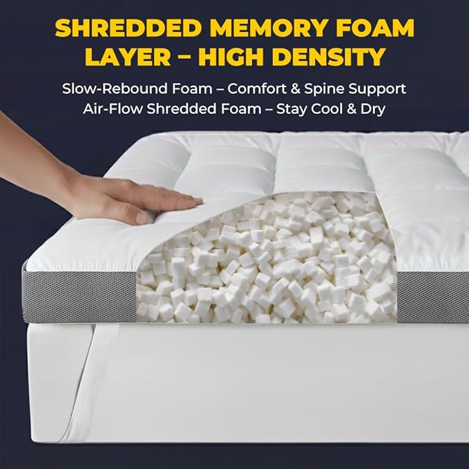 HYPREST 4 Inch Mattress Topper Queen, Thick Cooling Cotton Pillow Top with 2000 GSM Shredded Memory Foam - Soft & Supportive for Back Pain Relief, Non-Slip Bottom