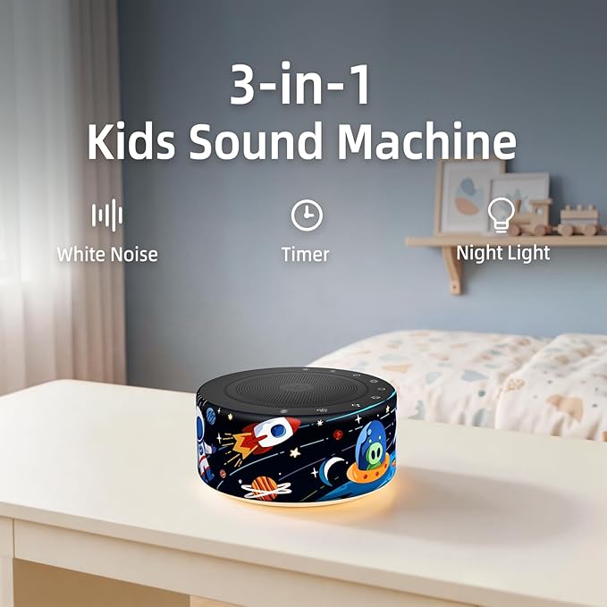 Kipcush White Noise Machine - Soft Non-Glare Nursery Lamp, 30 Soothing Sounds, 8 Color Lights, Max 8-Hour Timer for Baby & Adults