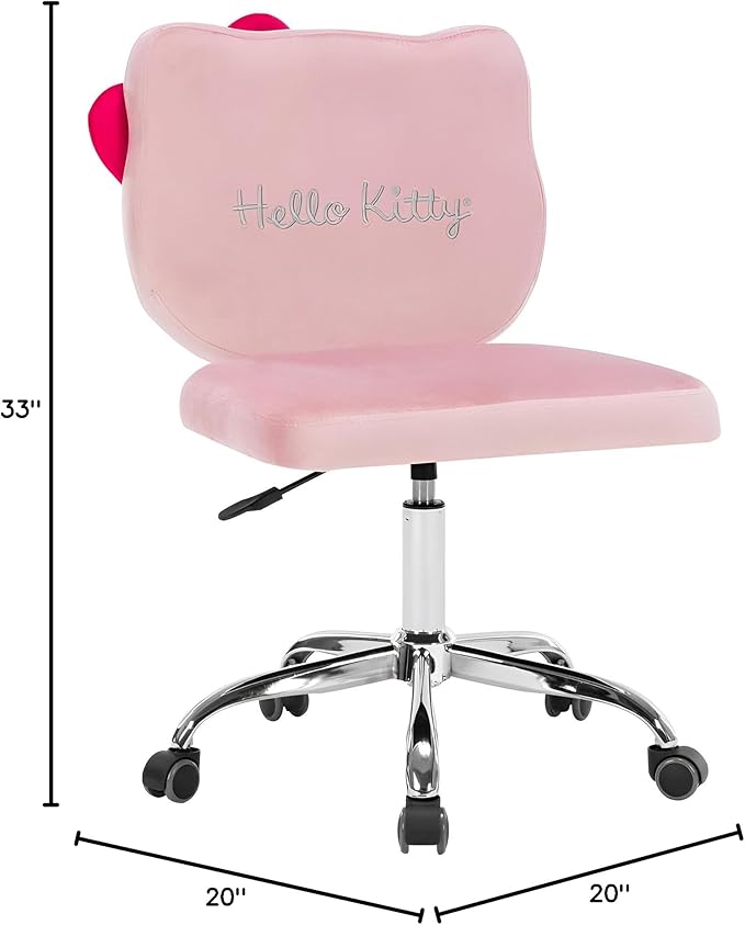 Impressions Vanity Hello Kitty Kawaii Swivel Vanity Chair for Makeup Room, Adjustable Height Desk Chair with Wheels Rolling, Comfy Polyurethane Foam Back Armless Chair for Dorm (Pink)