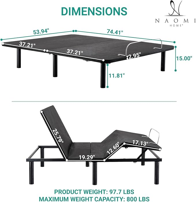 Naomi Home Serenity Full Adjustable Bed Base, Zero Gravity, Wireless Remote, USB Ports, 800 lb Capacity, Black Metal Frame, Easy Assembly for Enhanced Comfort and Relaxation