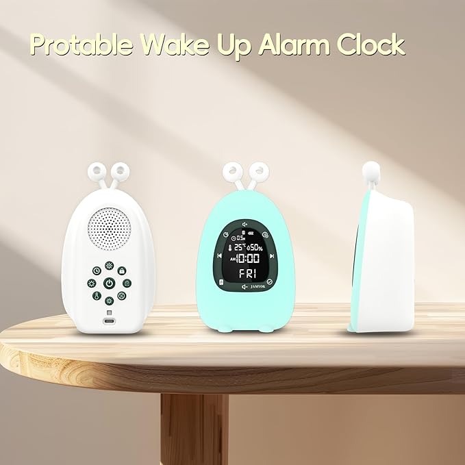 Sunrise Alarm Clock Wake Up Light, White Noise Sound Machine with 20 Soothing Sounds, 10 Night Lights, Wireless Speaker/Temp & Humidity/Rechargeable, Dimmable Clock Gift for Baby Kids Adults