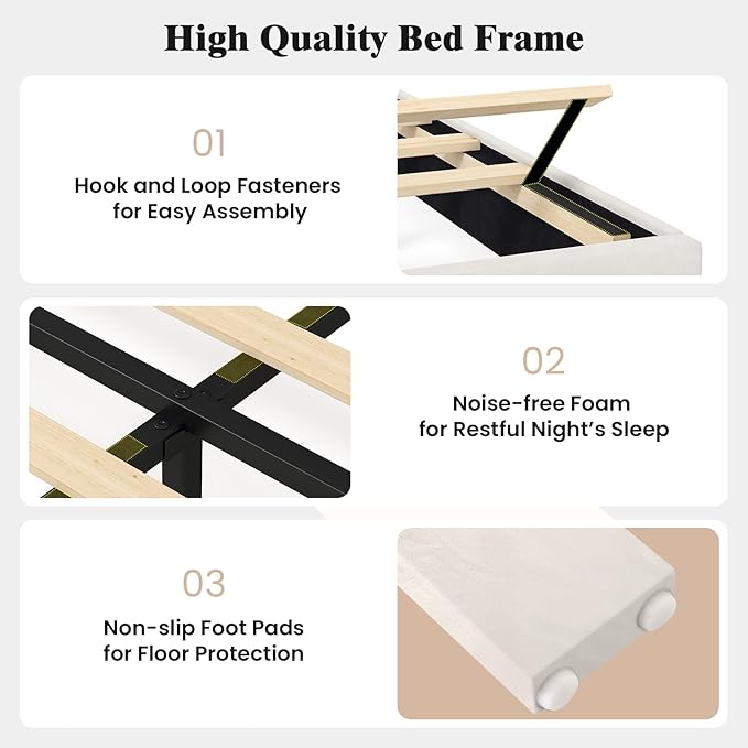 Giantex Queen Size Velvet Upholstered Bed Frame, Platform Bed with Height Adjustable Vertical Channel Headboard, Wooden Slats Support Mattress Foundation, No Box Spring Needed, Noise Free, Beige