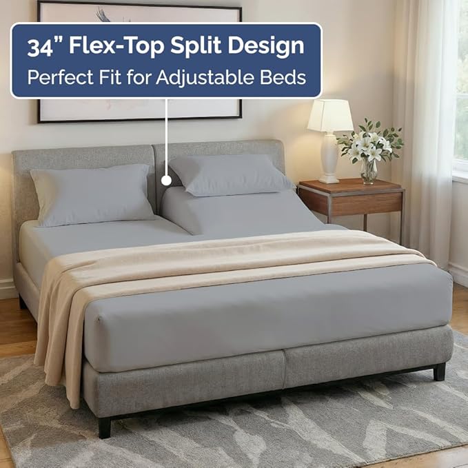 Flex Top Split Head King 4 Piece Sheet Set - Ultra-Soft, Breathable & Cooling Bed Sheets Set - Hotel Luxury Bedding for Women & Men with Deep Pockets - Wrinkle and Fade Free - Oeko-Tex - Steel Blue