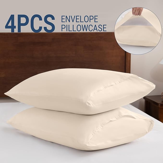 Pillowcases Standard 4 Pack, 20x26 Pillow Cases with Envelope Closure, Soft Plain Brushed Microfiber Covers Breathable Wrinkle-Resistant, Beige