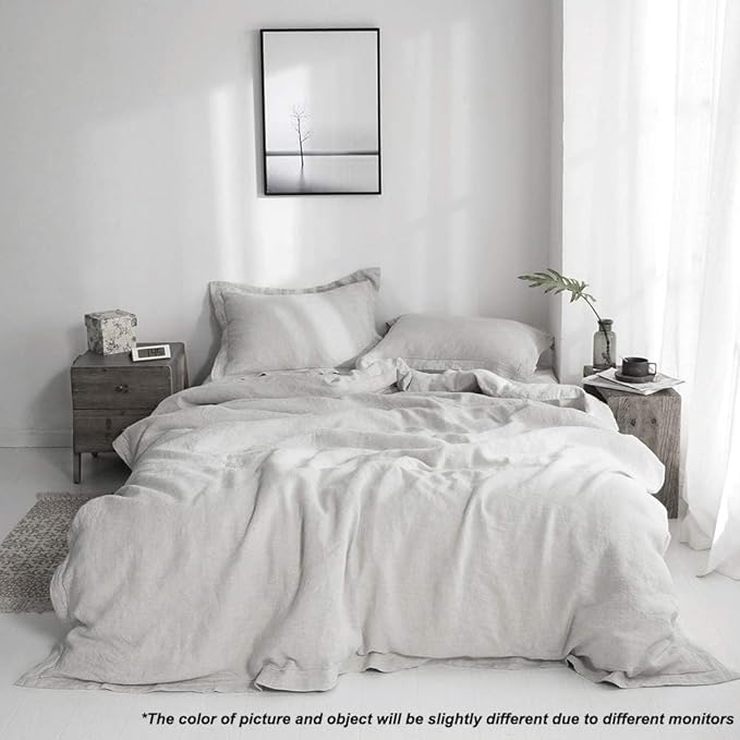 Simple&Opulence 100% Linen Duvet Cover Set with Embroidery Border Washed - 3 Pieces (1 Duvet Cover with 2 Pillow Shams) with Button Closure Soft Breathable Farmhouse - Light Grey, Queen Size