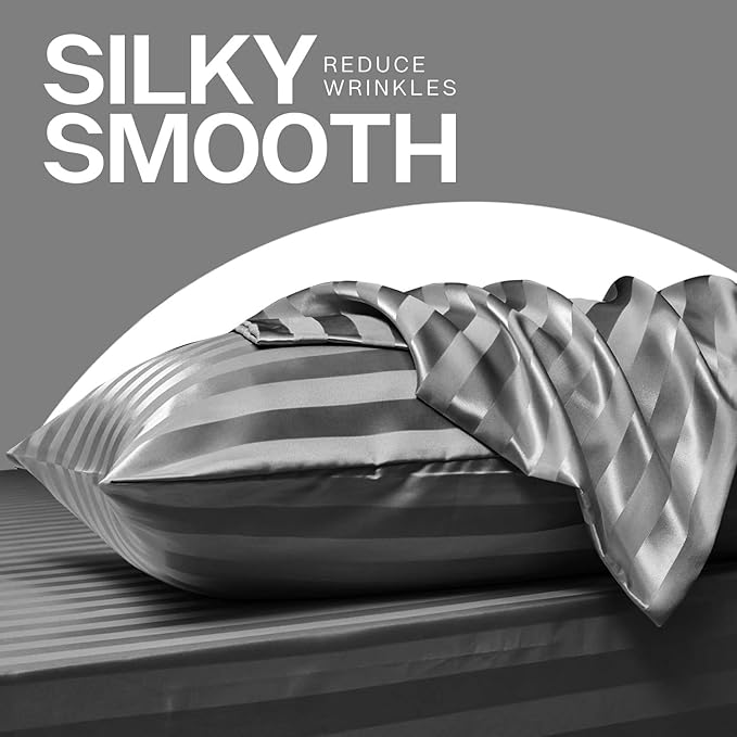 MR&HM Satin Pillowcase for Hair and Skin, Silk Satin Pillowcase 2 Pack, Standard Size Pillow Cases Set of 2, Silky Pillow Cover with Envelope Closure (20x26, Dark Grey Striped)