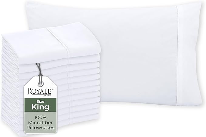 Royale Linens White Pillowcase Set of 12 - King 20"x40" Bed Pillow Cover - 1800 Brushed Microfiber - Wrinkle & Fade Resistant - Bulk Pillow Cases - Hotel Quality Pillowcase 12 Pack (King, White)