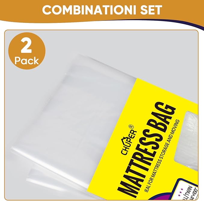 2 PK Queen Mattress Bags for Moving, Storage & Disposal, Waterproof Clear Plastic Mattress Cover for Moving