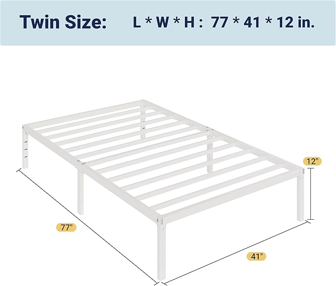 Allewie Twin Bed Frame, 12 Inch Metal Platform Beds with Storage Space, No Box Spring Required and Easy Assembly, White