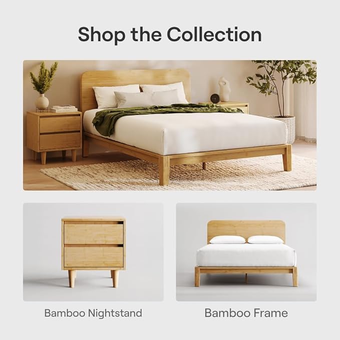 Nectar Bamboo Platform Bed Frame & Headboard - Natural - Twin XL - Floating Center Support Legs - 12” Height - Tool Free Set Up - Contemporary - Sturdy Wooden Support Slats - Holds Up To 800 Pounds