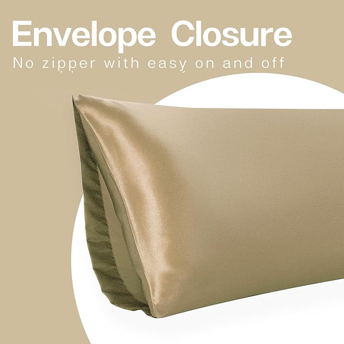 MR&HM Satin Body Pillow Cover, Soft and Breathable Body Pillow Case with Envelope Closure, Cooling and Silky Long Pillowcase for Hair and Skin,Grey (20x54, Golden Bronze)