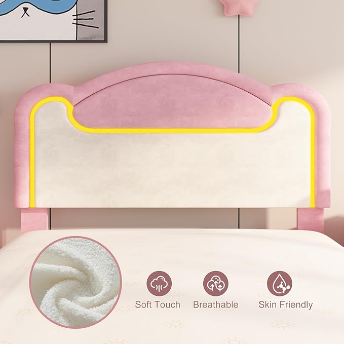 Garvee Full Size Upholstered Bed Frame with LED Lights & Fabric Headboard, Princess Platform Bed for Girls with Wood Slats, No Box Spring Needed (Pink White)