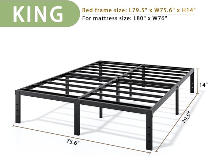 LUMUNANCE Metal Bed Frame King Size - 14 Inch Heavy-Duty King Platform Bed Frame No Box Spring Needed, Easy Assembly, Noise-Free, Sturdy Mattress Foundation, Underbed Storage Space